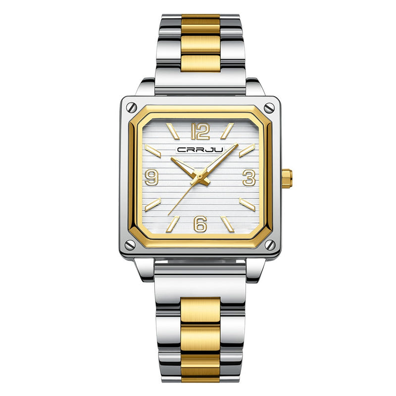 Unisex square waterproof quartz watch, silver-and-gold metal bracelet, light dial with gold markers