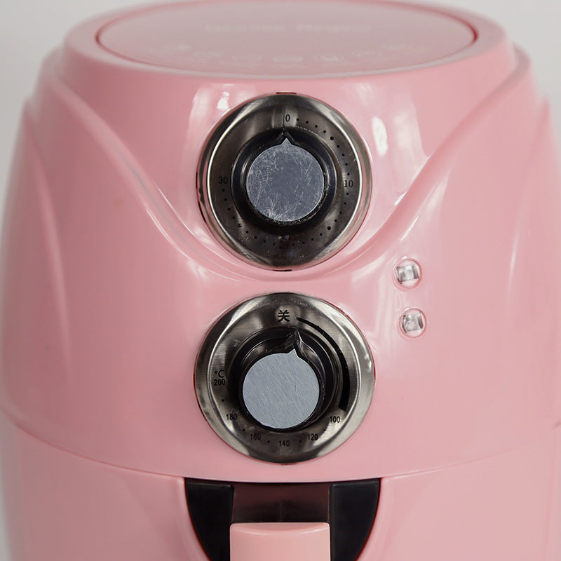 Close-up of a pink appliance with two silver knobs on a white background