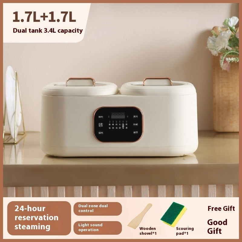 White double-tank rice cooker on a wooden surface with text detailing its features.