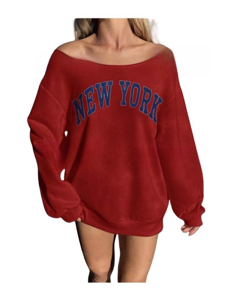 Women's Simple Letter Print Off-shoulder Long Sleeve Sweater - YAXSO