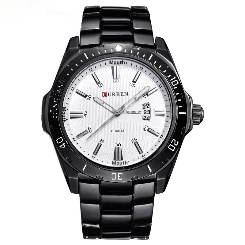 Black wristwatch with a white face on a white background