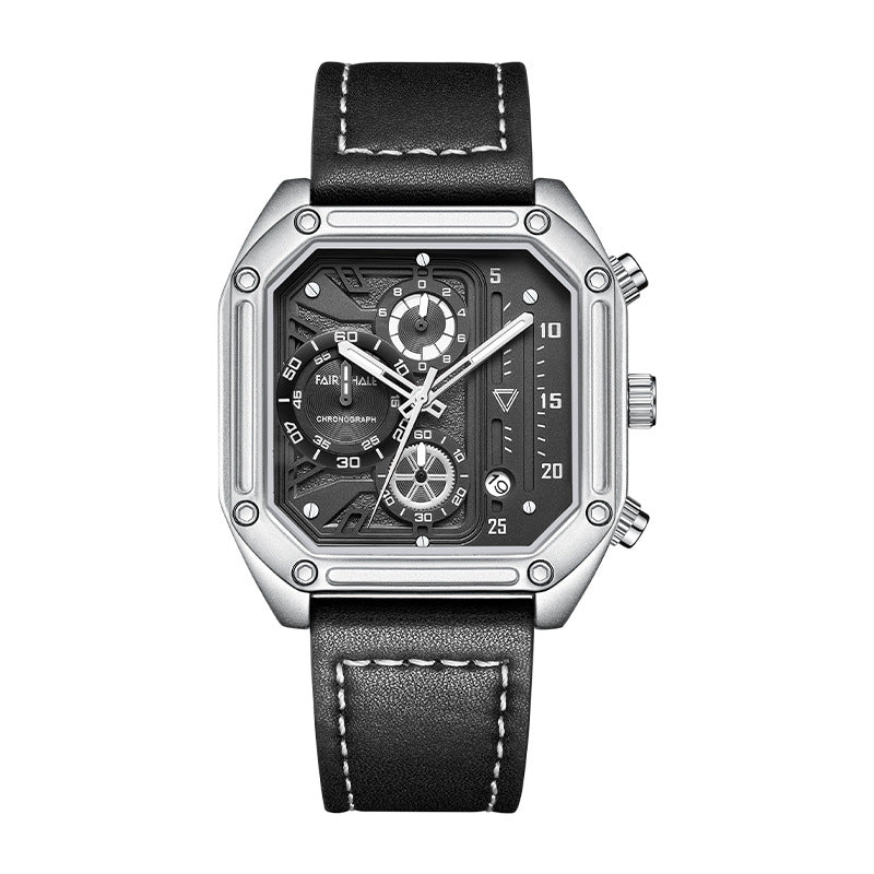 Black wristwatch with silver case and leather strap on a white background