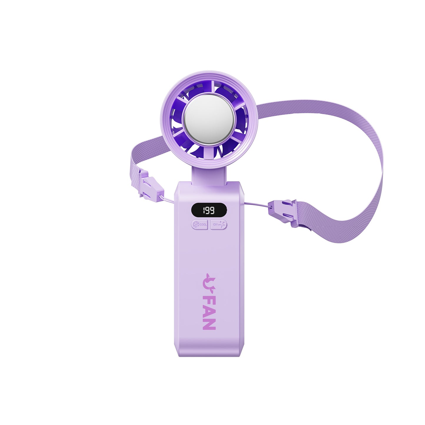 Purple handheld fan with digital display on a white background