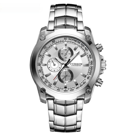 Silver wristwatch with detailed face on a white background
