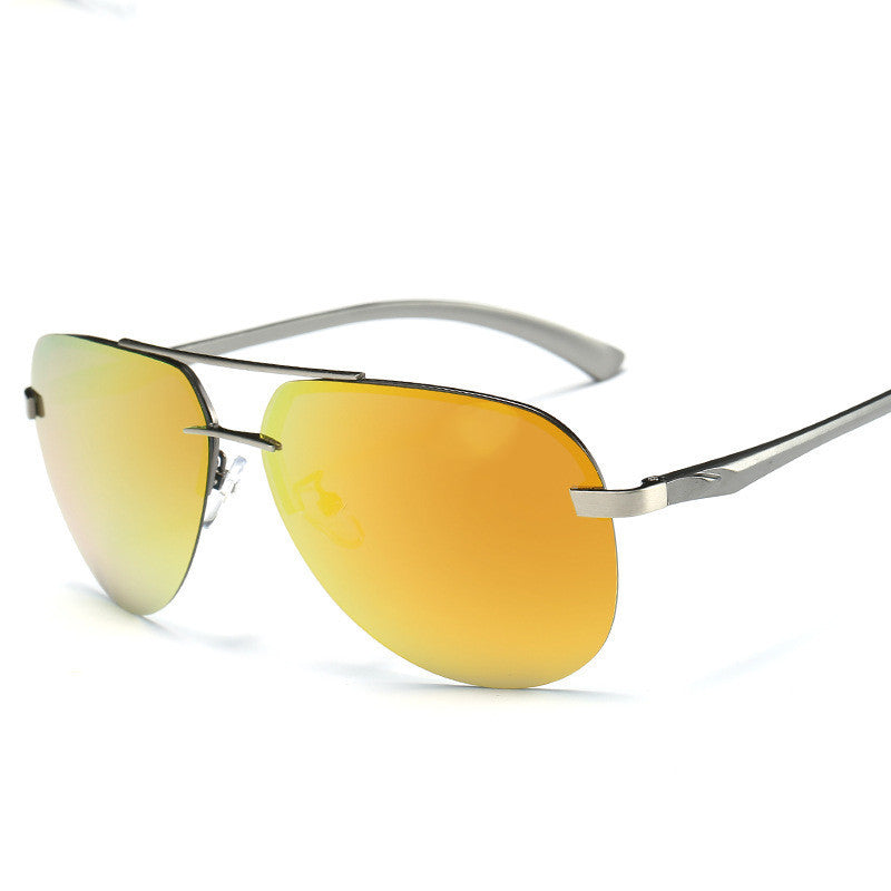 Polarized sunglasses with silver-gray frame and orange mirrored lenses