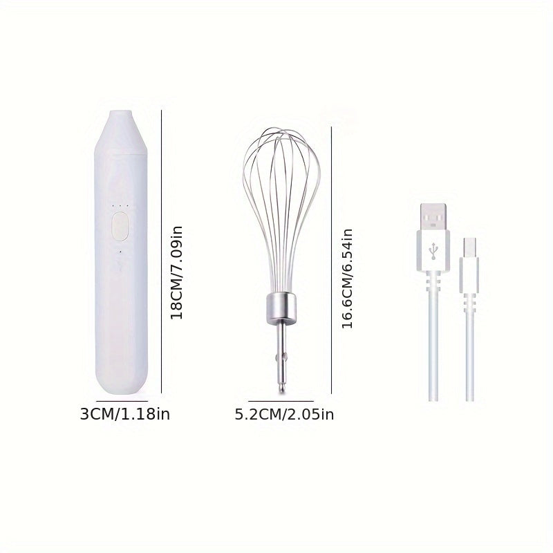 Measurement chart of a white handheld device, whisk attachment, and USB cable on a white background.