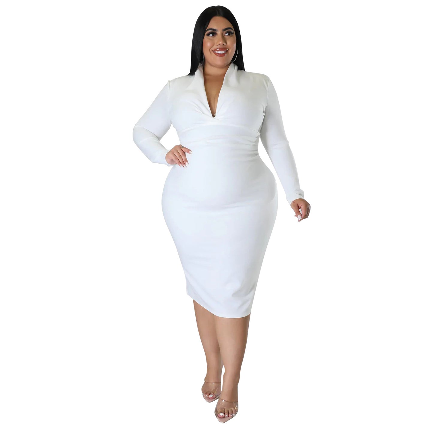 Woman wearing a white dress on a white background
