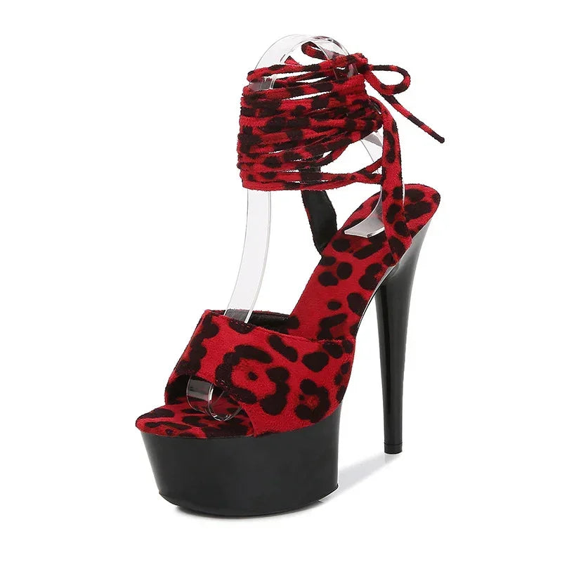Red leopard print platform high heel sandal with lace-up ankle and clear strap