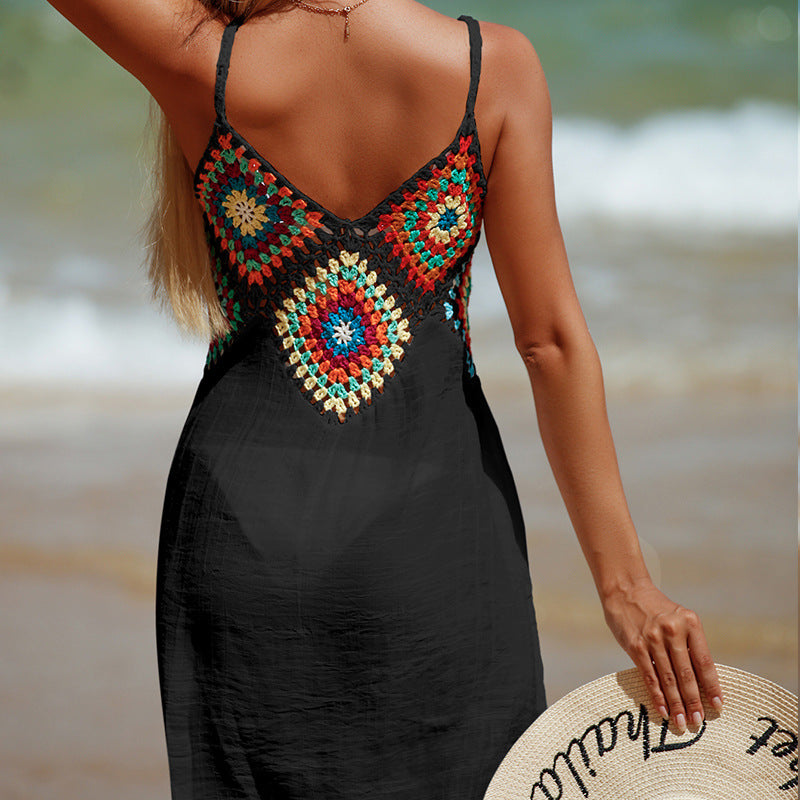 Hand Crocheting Stitching Color Pattern V-neck Pullover Hollow Breathable Beach Bikini Blouse Dress - YAXSO