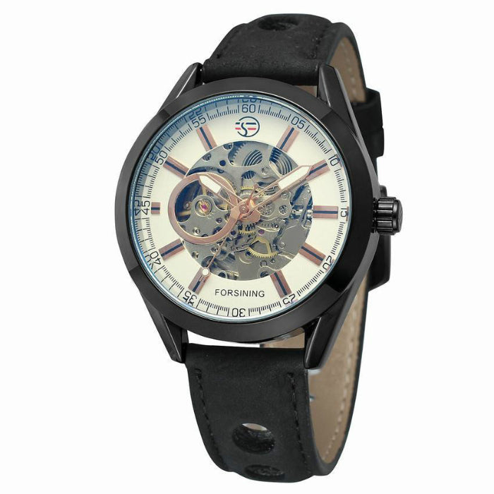 Black wristwatch with a detailed face on a white background