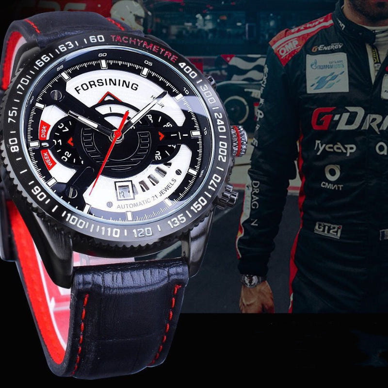 Men's automatic mechanical watch with black leather strap, black dial, red accents, tachymeter bezel
