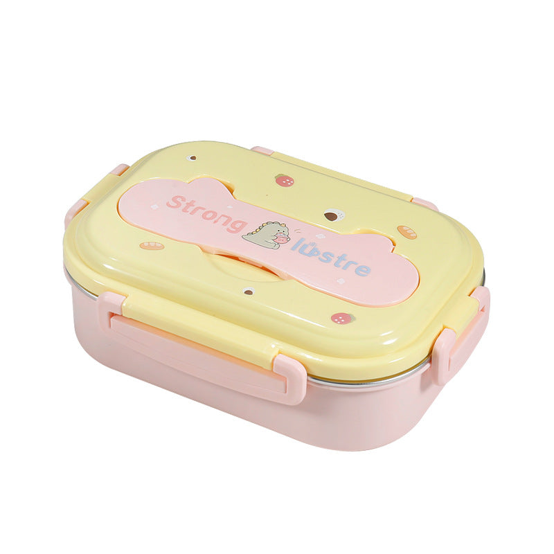 Pink and yellow lunch box with cartoon design and secure locking lid