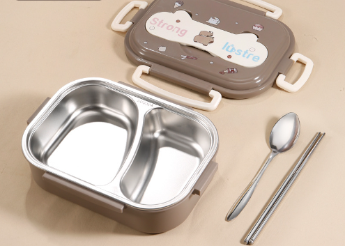 Brown lunch box with stainless steel two-compartment interior, lid, spoon, and chopsticks