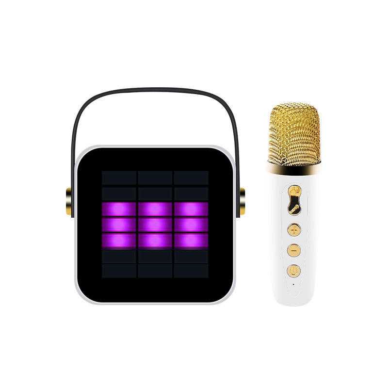 Karaoke microphone with digital display on a white background