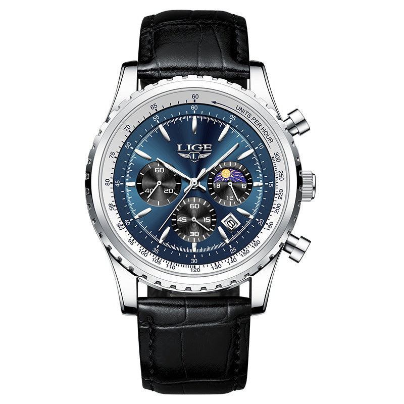 Luxury watch with black leather strap and blue dial on a white background