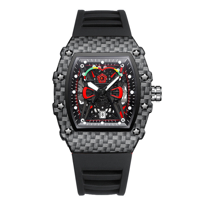 Luxury watch with black strap and carbon fiber case on white background