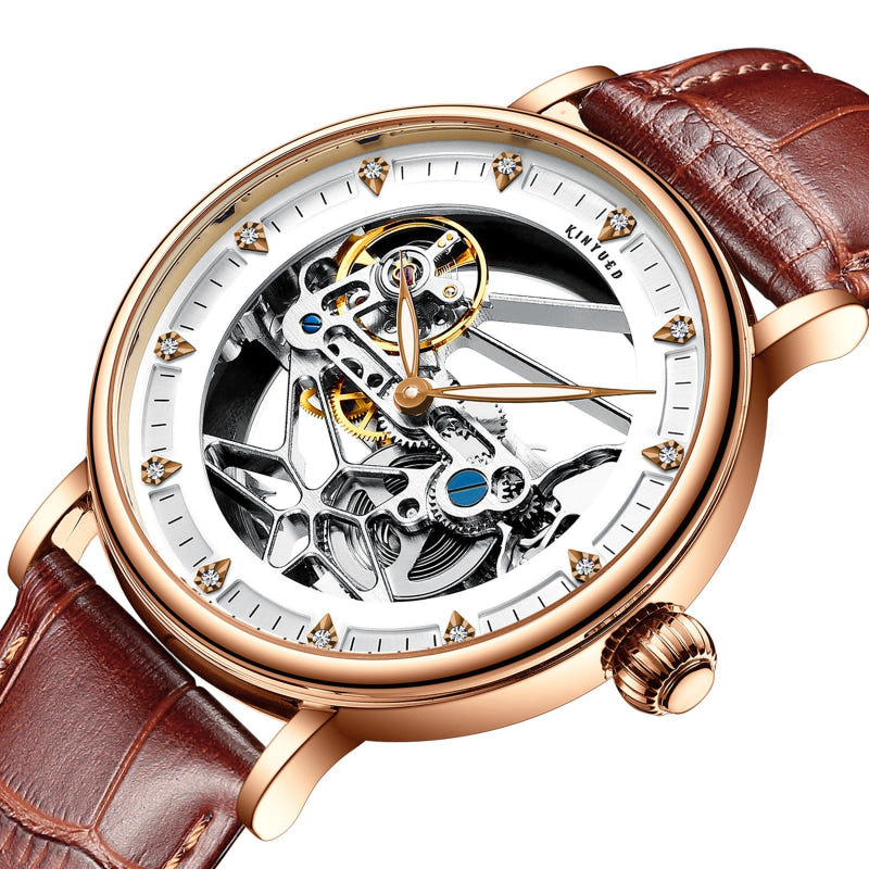 Rose-gold skeleton automatic watch with brown leather strap, openwork dial and blue details