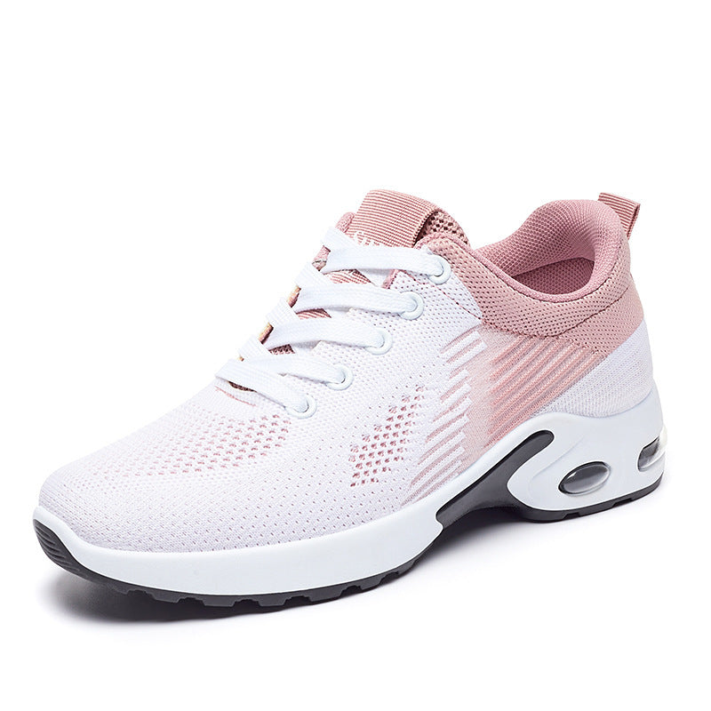 Breathable flyknit running shoe, pink and white lace-up with oval air-cushion