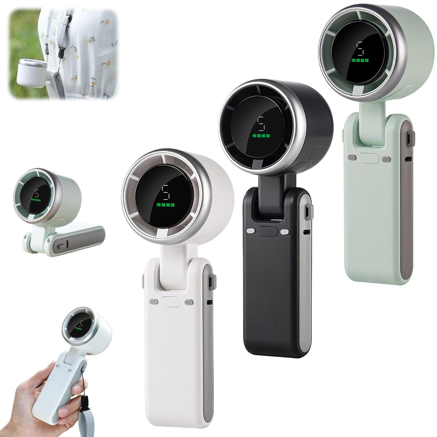 Multiple views of a handheld electronic device with a digital display on a white background.