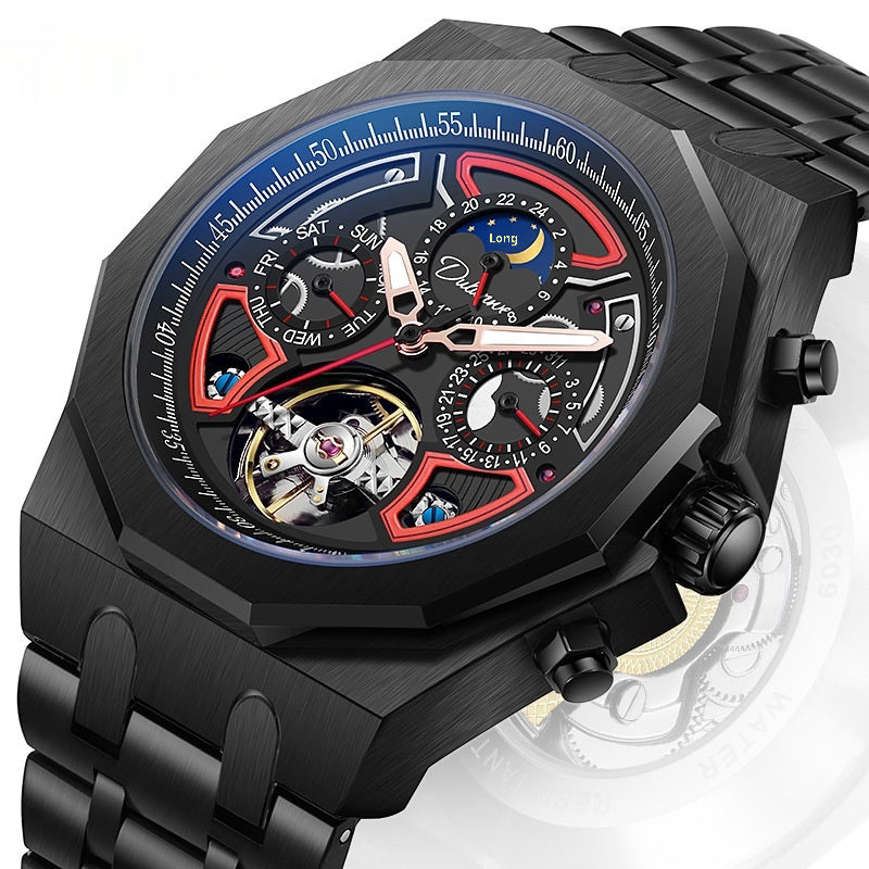 Black wristwatch with detailed face on a white background