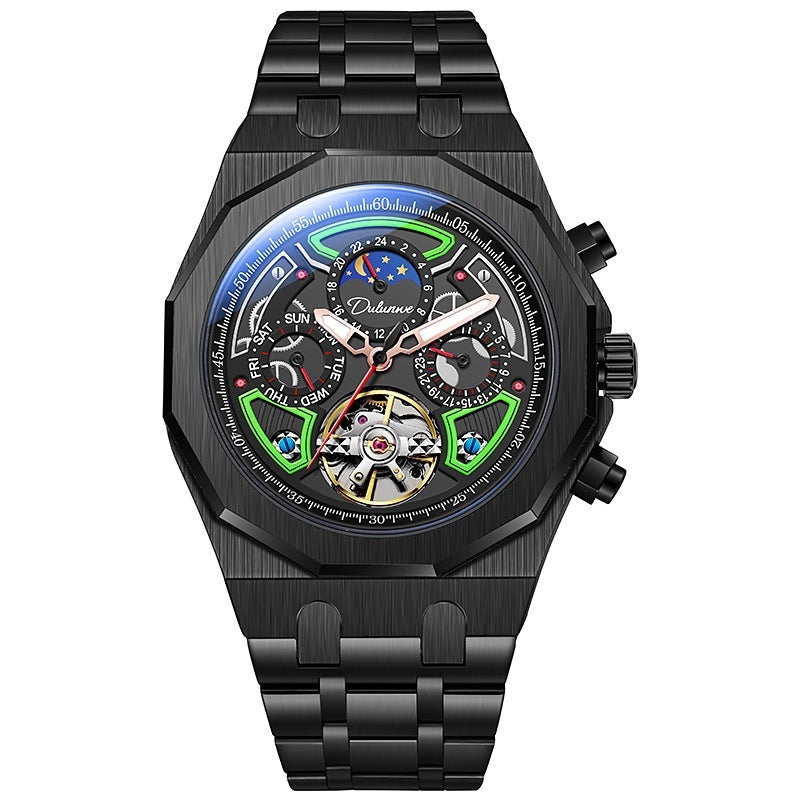 Black wristwatch with detailed face on a white background
