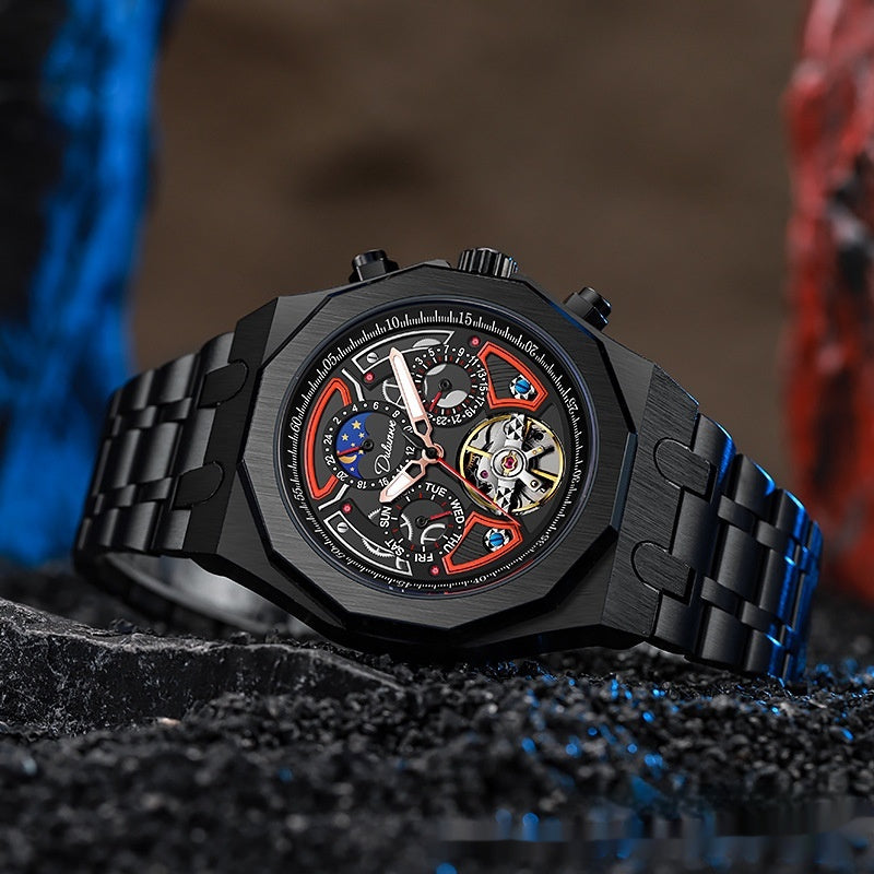 Luxury watch with a detailed face and black strap on a textured surface