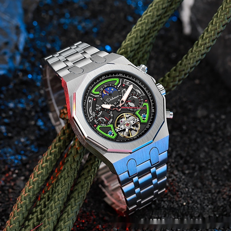 Watch with a detailed face and colorful strap on a textured background