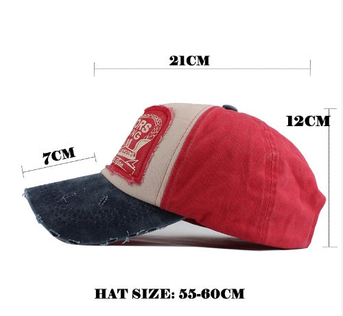Red and blue cap with measurements on a white background