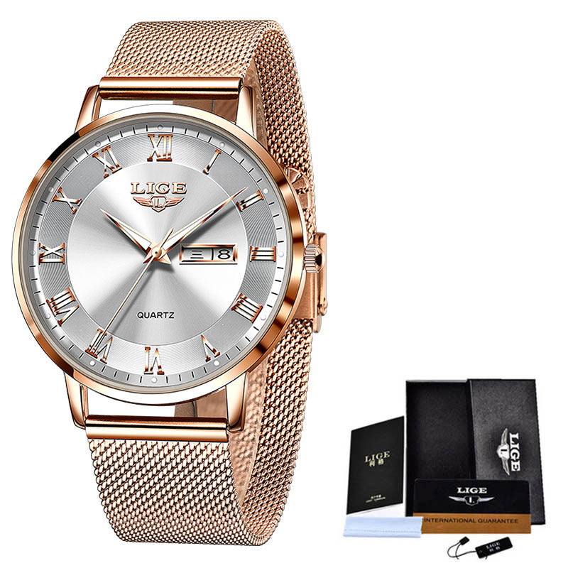 Men's quartz watch with rose-gold mesh strap and silver dial, day-date window