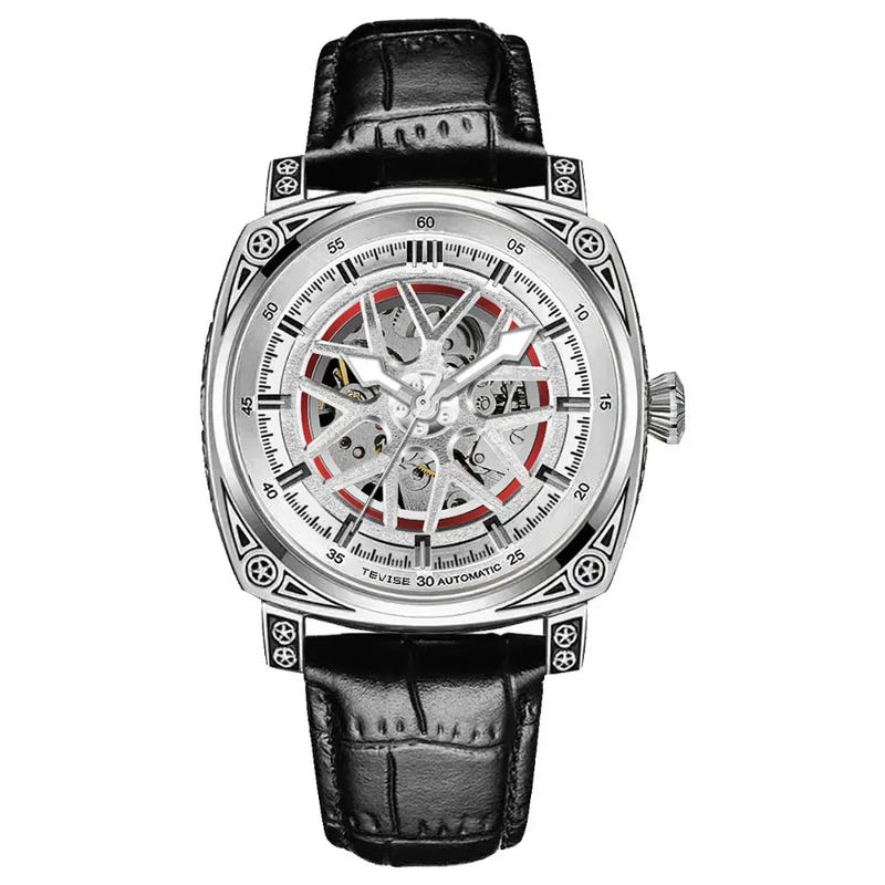 Mechanical skeleton watch with white dial, black leather strap, silver bezel