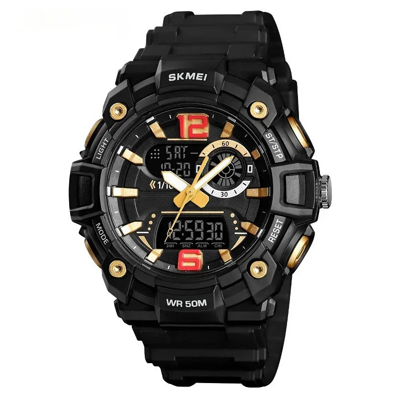 Men's sports digital-analog watch, black case with gold accents and red digital time