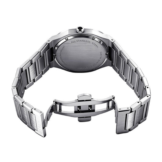 Silver watch with metal band on a white background
