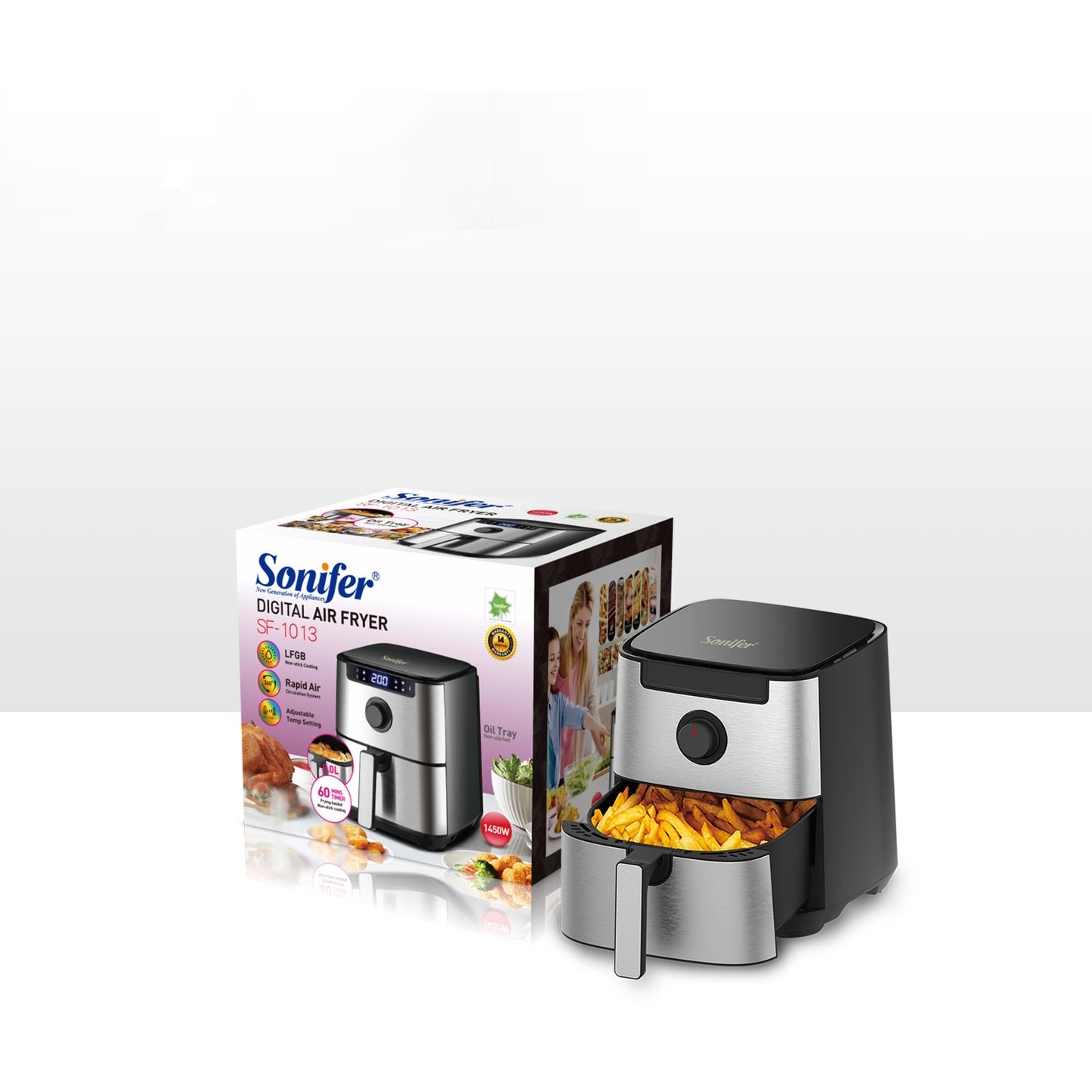 Sonifer digital air fryer with packaging on a white background