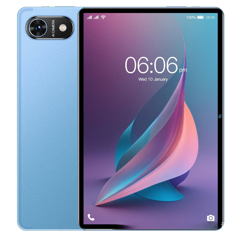 Tablet with a blue back and colorful display on a white background