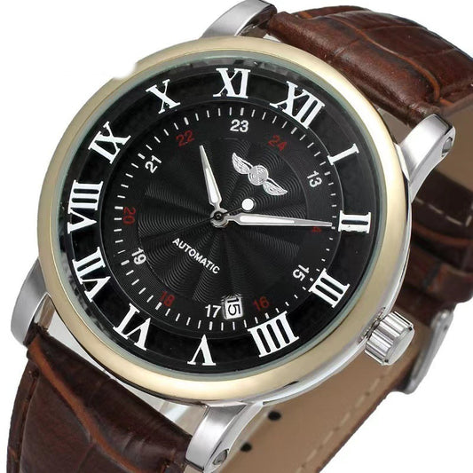 Watch with black face, silver case, and brown leather strap on a white background