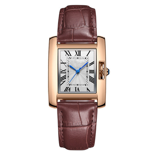 Watch with brown leather strap and rose gold case on white background