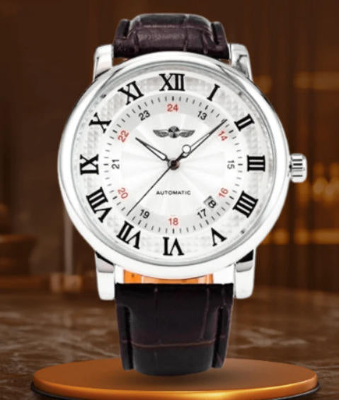 Watch with brown leather strap on a wooden stand against a blurred background