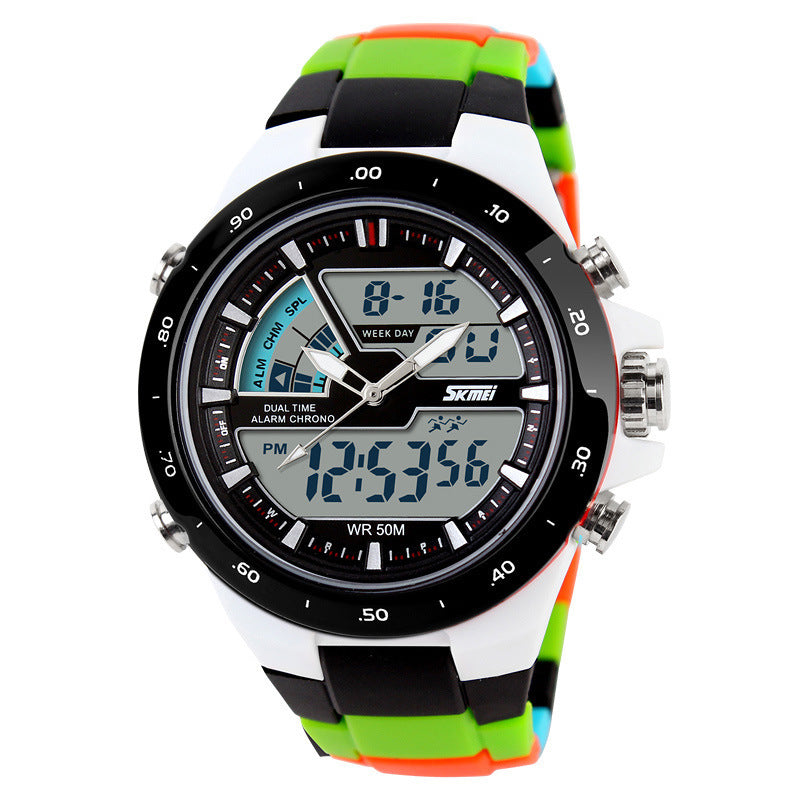Colorful watch with a multicolored strap on a white background
