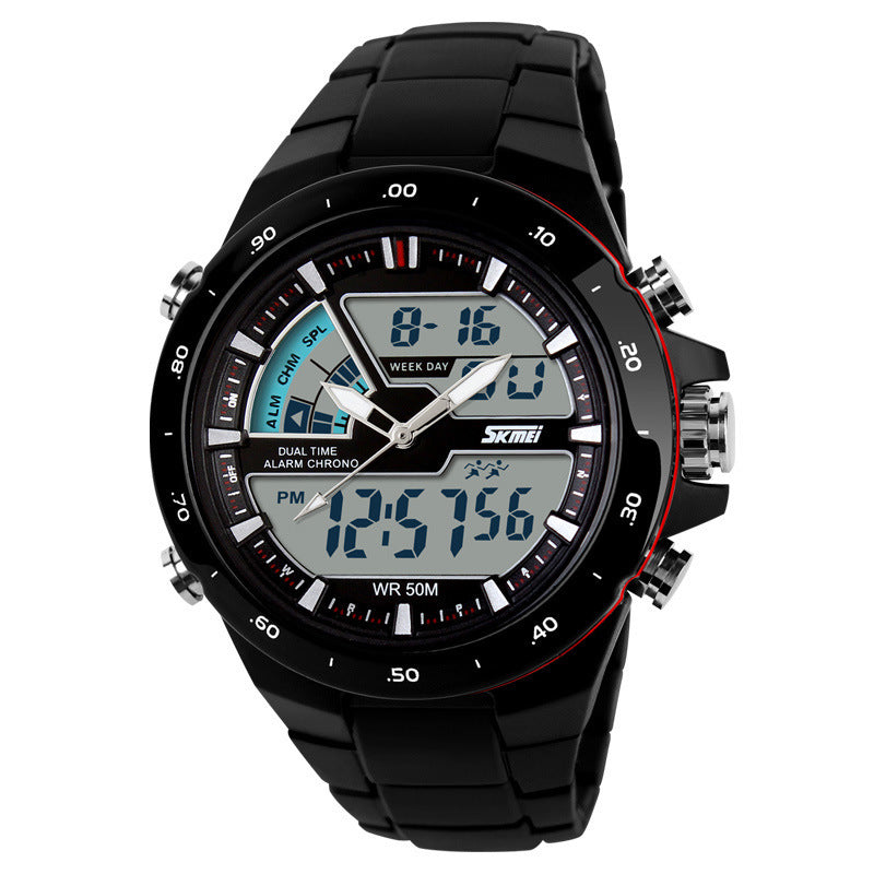 Black digital watch with dual display on a white background