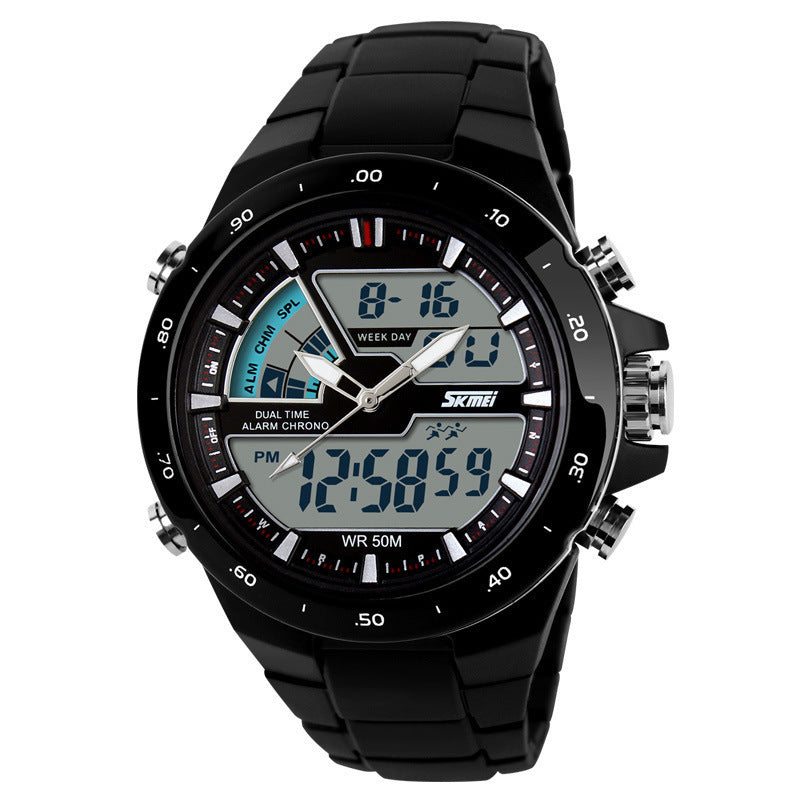 Black wristwatch with digital and analog display on a white background