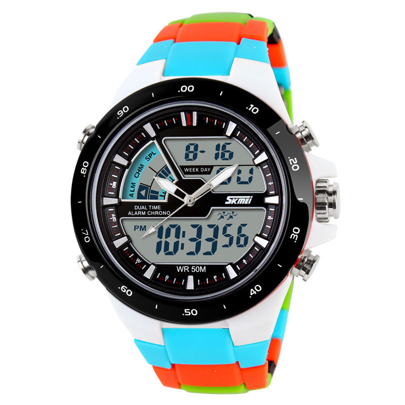 Colorful digital watch with a multicolored strap on a white background