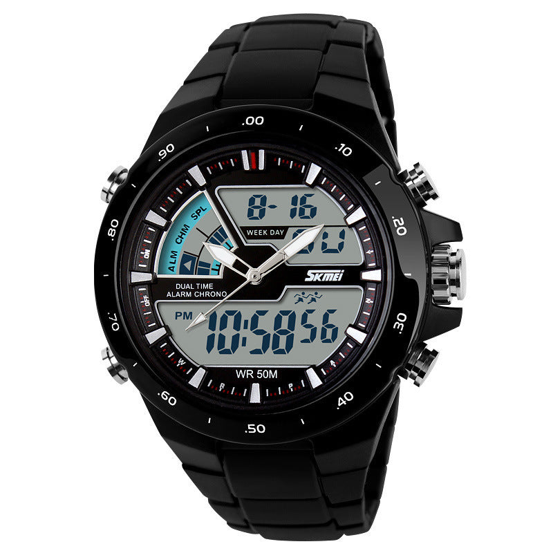 Black wristwatch with digital and analog display on a white background