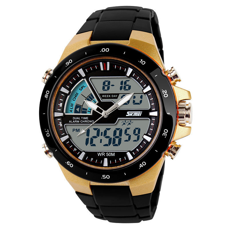 Black and gold Skmei watch with digital display on a white background