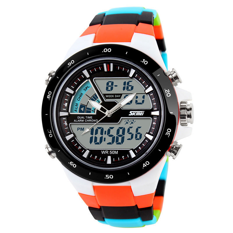 Multicolored watch with digital display on a white background