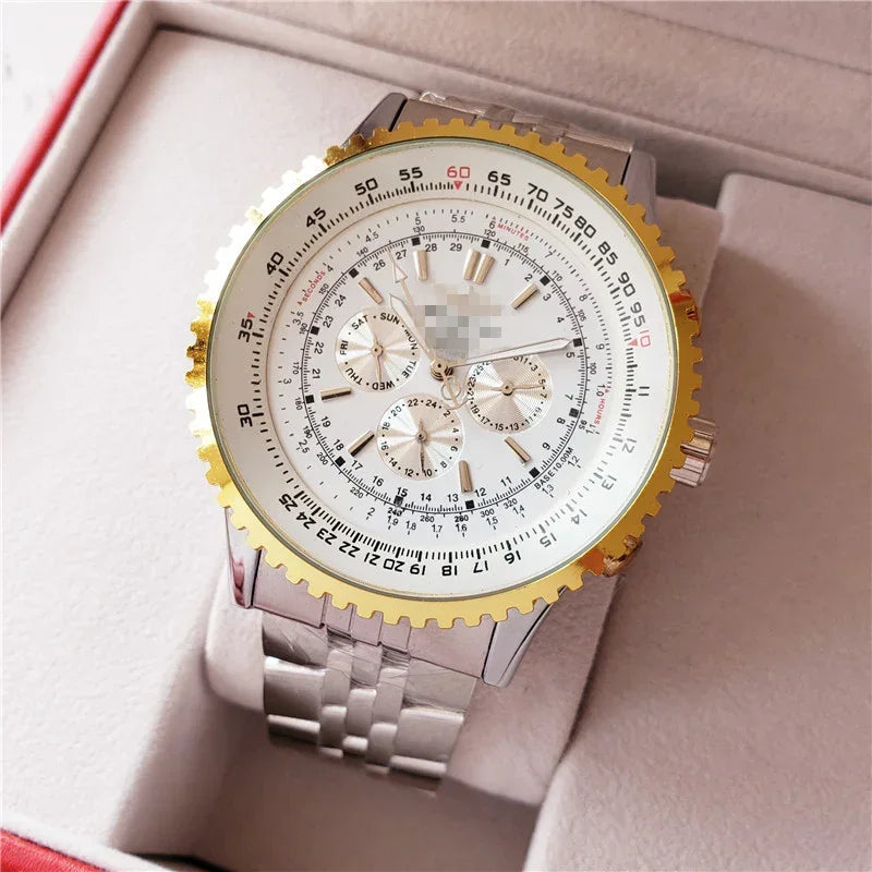 Automatic mechanical watch with white dial, gold-toned serrated bezel, silver metal bracelet