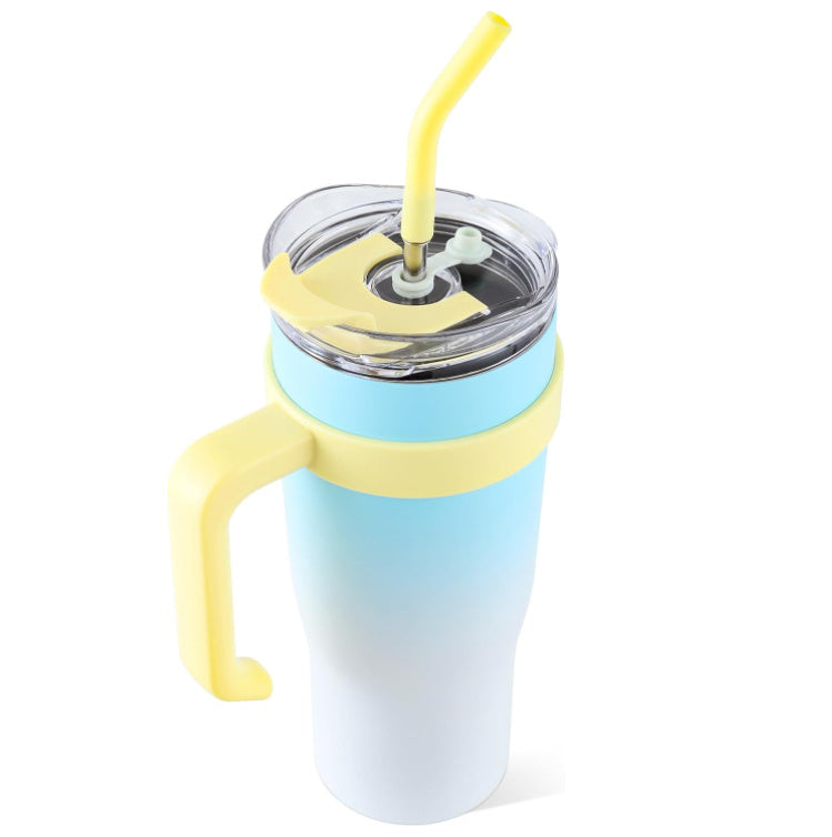 Gradient tumbler with yellow handle and straw on a white background