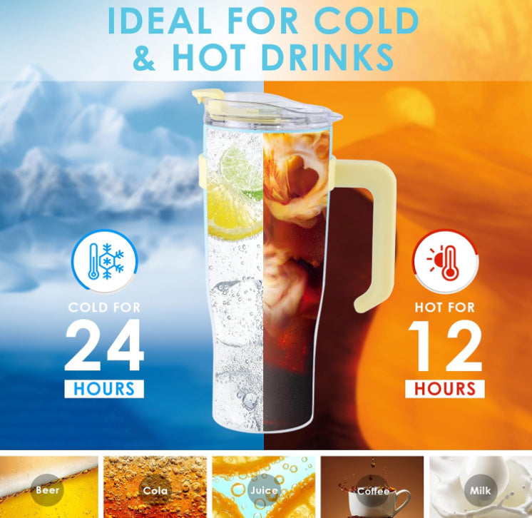 Thermos pitcher with images of drinks on a gradient background, indicating its temperature retention capabilities.