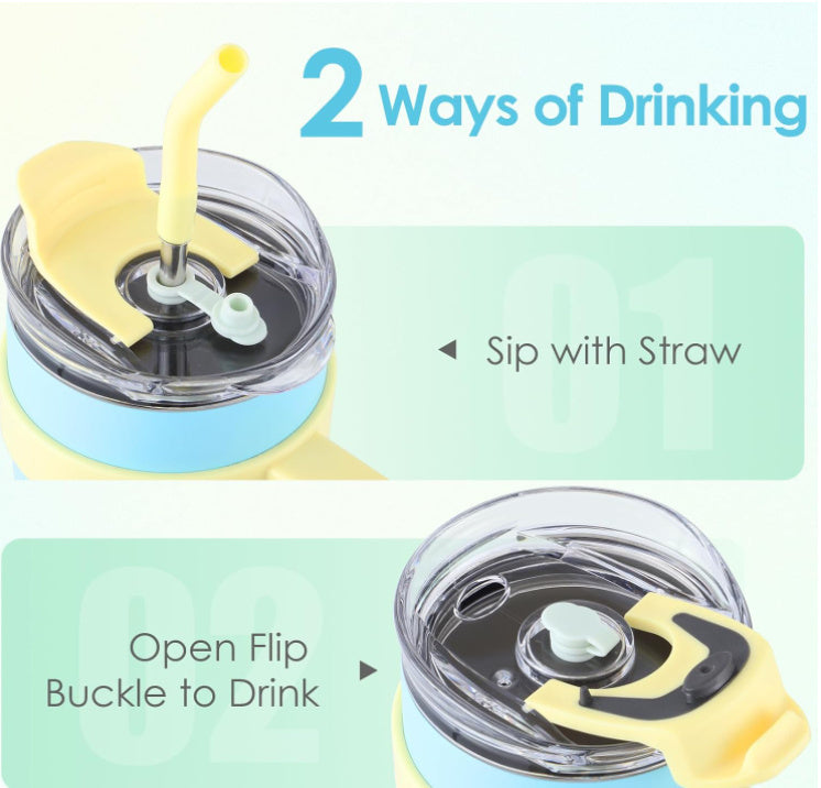 Two ways of drinking from a tumbler with a straw and flip buckle lid on a light green background.