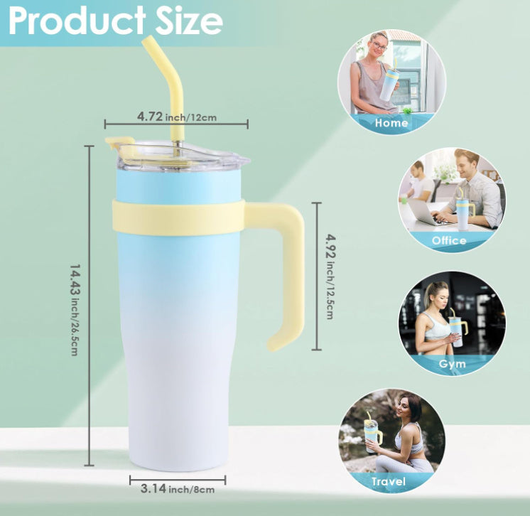 Gradient tumbler with straw and measurements on a light green background