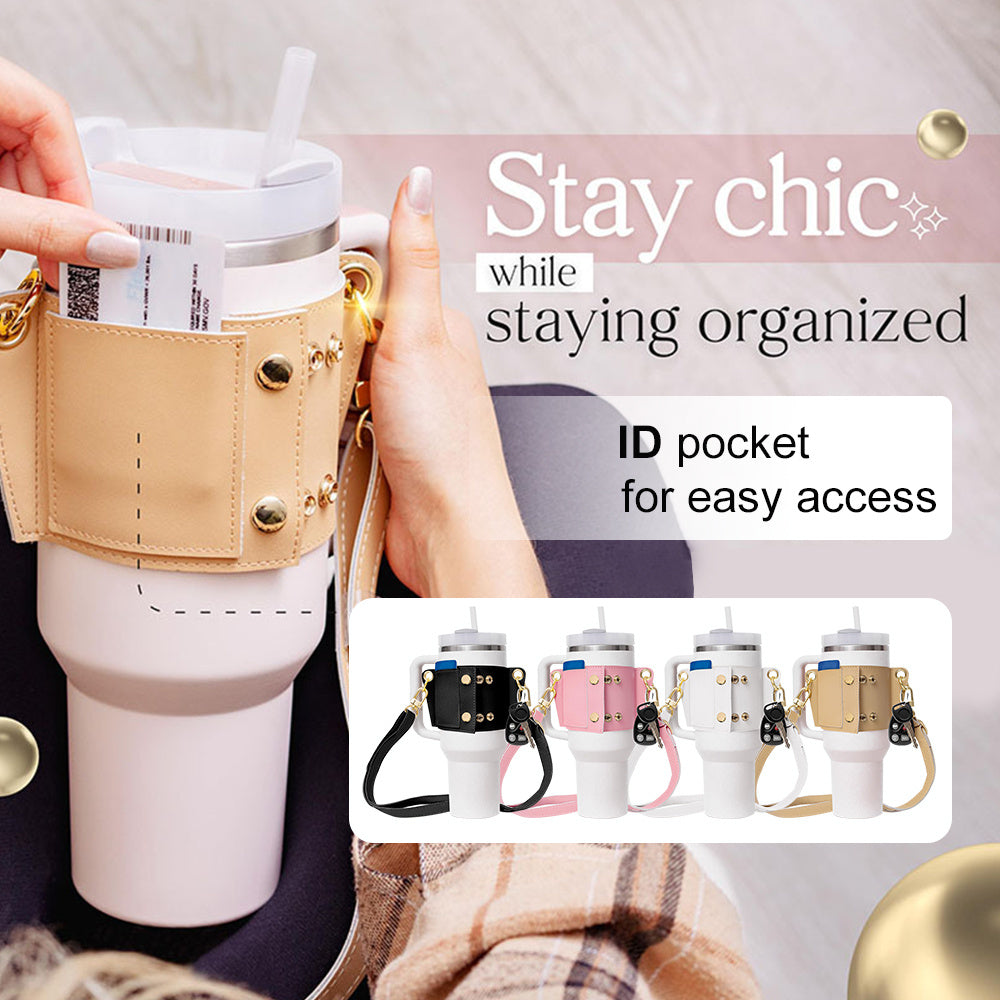 White cup with beige holder and ID pocket held by hand